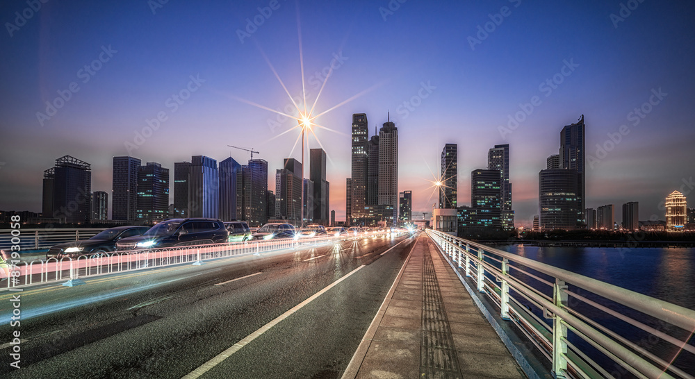 Nightfall Descends on City River with Bridge and Lights Nightfall Descends on City River with Bridge and Lights