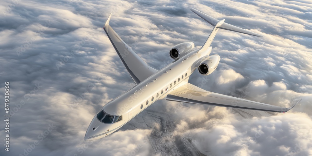 Obraz premium A private jet flying high above the clouds in bright sunlight, showcasing luxury travel in action. Luxury travel and tourism concept.