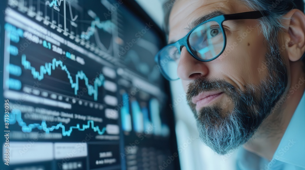 Broker presenting an analysis report on a large digital board, high end office, broker, data display, Broker presenting an analysis report on a large digital board, high end office, broker, data display,