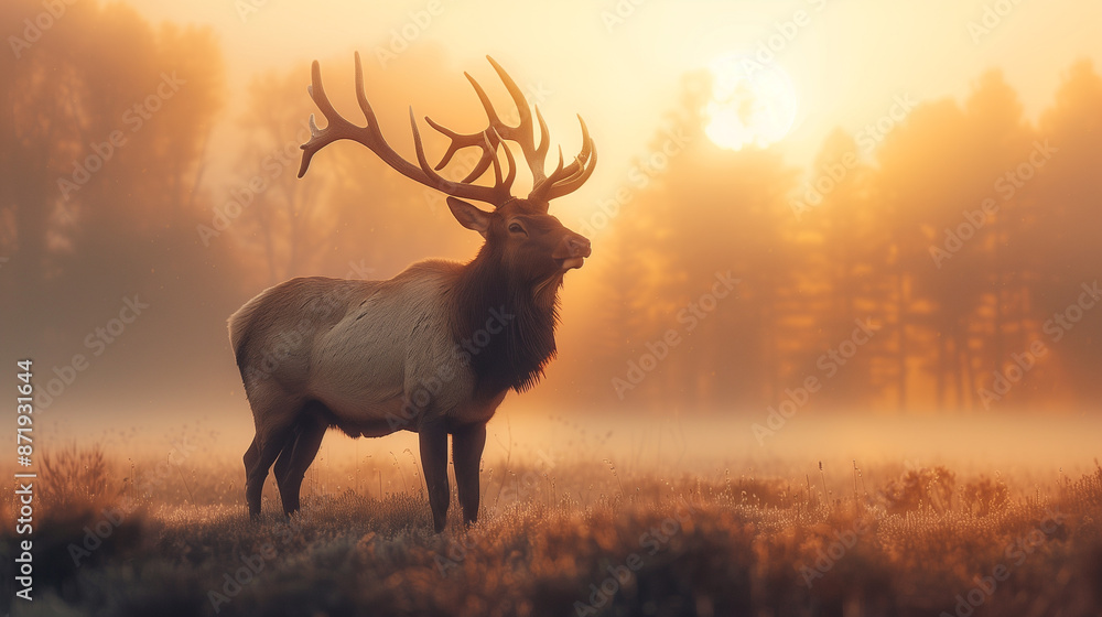 Majestic elk standing in a misty meadow at sunrise, with the forest in the background Majestic elk standing in a misty meadow at sunrise, with the forest in the background