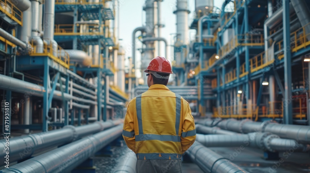 Male worker inspecting steel pipes and elbows at an oil refinery, recording visual checks. Male worker inspecting steel pipes and elbows at an oil refinery, recording visual checks.