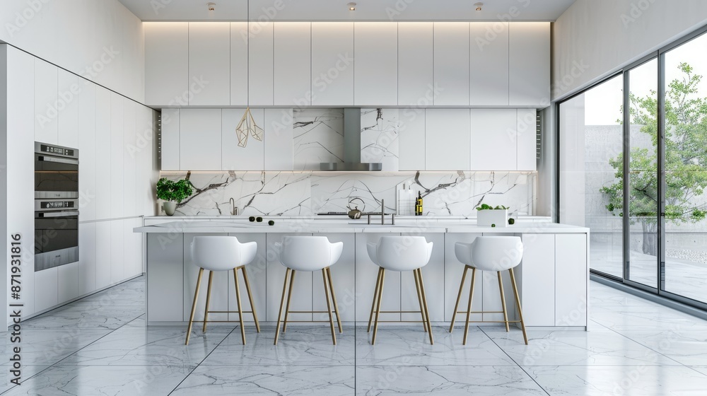 Fototapeta premium Modern kitchen with white marble wall panels and island bar, an interior design concept. Design plan mockup in white and color of luxury house