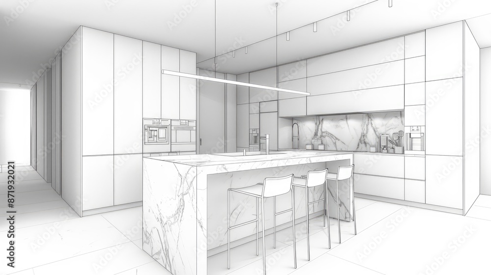 Modern kitchen with white marble wall panels and island bar, an ...