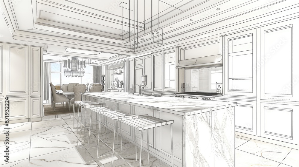 Modern kitchen with white marble wall panels and island bar, an interior design concept. Design plan mockup in white and color of luxury house Modern kitchen with white marble wall panels and island bar, an interior design concept. Design plan mockup in white and color of luxury house