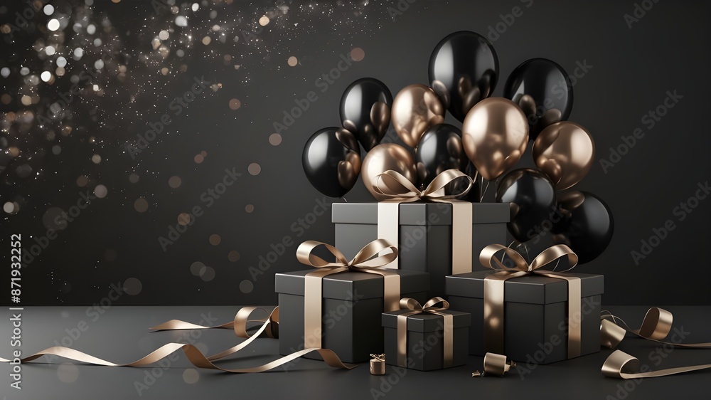 Realistic Black Birthday Festive background with golden and black balloons falling confetti black background Realistic Black Birthday Festive background with golden and black balloons falling confetti black background