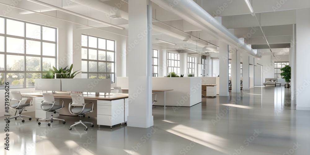 Fototapeta premium Open office with flexible furniture layouts for collaborative workspaces. Concept Open Office Design, Flexible Workspaces, Collaborative Environment, Adaptable Furniture