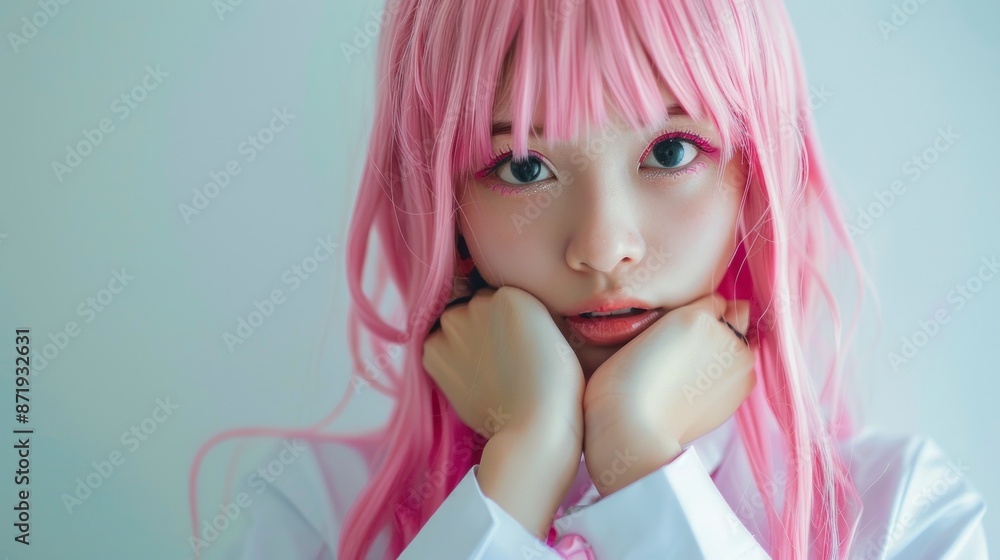 beautiful young japanese girl with pink wig on white background beautiful young japanese girl with pink wig on white background