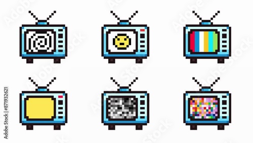 Six pixel art television animation sets with different static screens. 