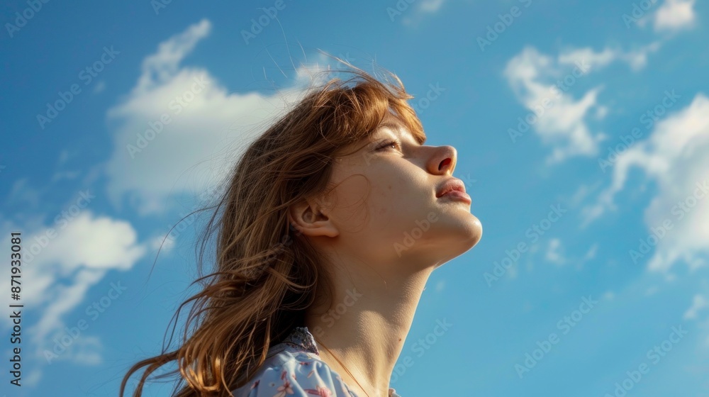 beautiful white woman with closed eyes looking up with a beautiful blue sky background beautiful white woman with closed eyes looking up with a beautiful blue sky background
