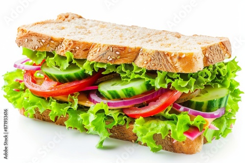 Delicious sandwich with green salad and vegetables on white background.