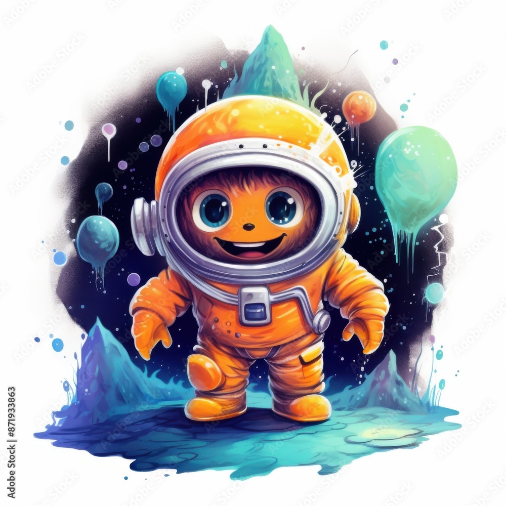 Naklejka premium Neon Monster Astronaut: Doodle Art in Space Adventure