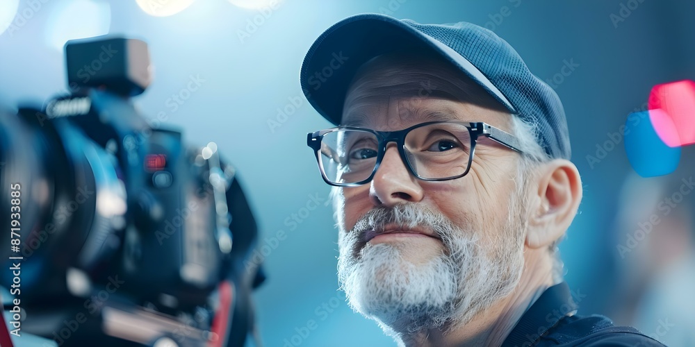 Director in front of cinema camera preparing for film shoot. Concept Film Production, Director, Cinema Camera, Film Shoot, Preparing Director in front of cinema camera preparing for film shoot. Concept Film Production, Director, Cinema Camera, Film Shoot, Preparing