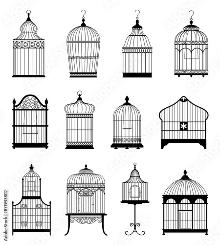 Silhouette bird cages set. Empty decorative vintage houses for parrots and canaries, elegant interlacing of metal rods, pets retro homes different types, vector set isolated on white background