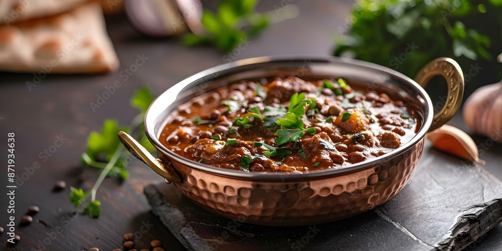 Creamy black lentil curry in copper bowl in cozy Indian kitchen. Concept Indian Cuisine, Food Photography, Cozy Kitchen, Lentil Recipes, Cultural Cooking Creamy black lentil curry in copper bowl in cozy Indian kitchen. Concept Indian Cuisine, Food Photography, Cozy Kitchen, Lentil Recipes, Cultural Cooking