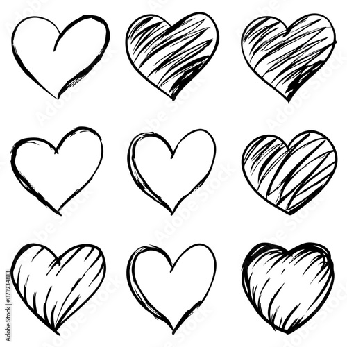 A collection of handdrawn hearts on a plain white background
