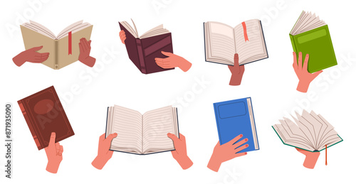 Human hands holding books. Readers with literature volumes, textbooks different positions, education and knowledge, back to school, nowaday vector cartoon flat isolated illustration set