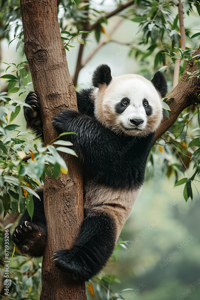 Obraz premium Young panda bear climbing tree in forest. Wildlife photography with green foliage background. Animal behavior and nature concept