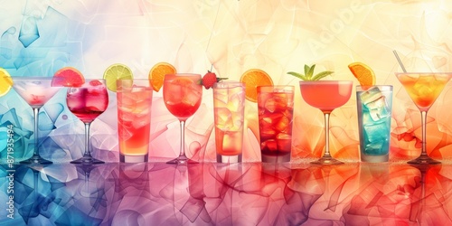 A variety of colorful cocktails with different garnishes, set against a vibrant, artistic background.