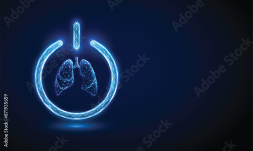 Abstract blue human lungs inside a power button. Human health protection concept Low poly futuristic digital technology neon style. Geometric background. Wireframe light structure. 3d graphic. Vector.