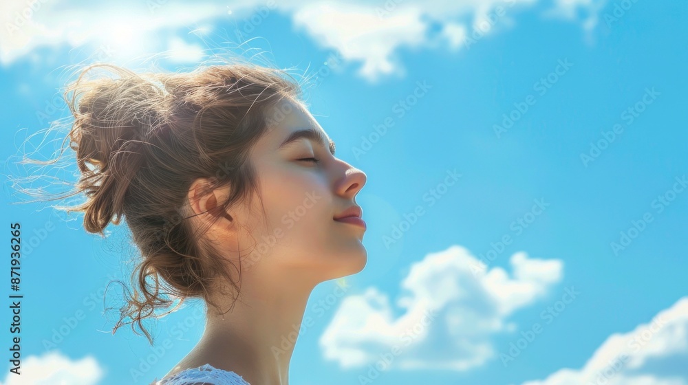 beautiful white woman with closed eyes looking up with a beautiful blue sky background beautiful white woman with closed eyes looking up with a beautiful blue sky background