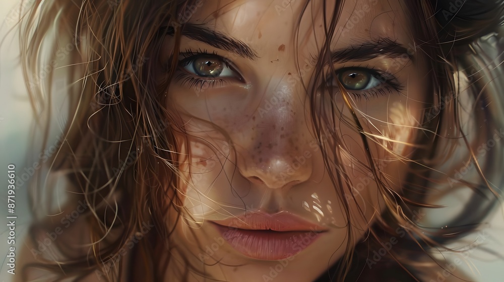 Beautiful woman with brown hair looking at camera . Beautiful woman with brown hair looking at camera .