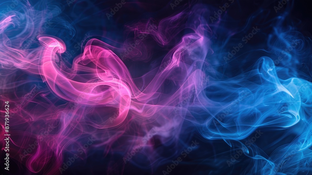 Abstract photo of swirling pink and blue smoke against a black background, creating a dreamy and mystical atmosphere Abstract photo of swirling pink and blue smoke against a black background, creating a dreamy and mystical atmosphere