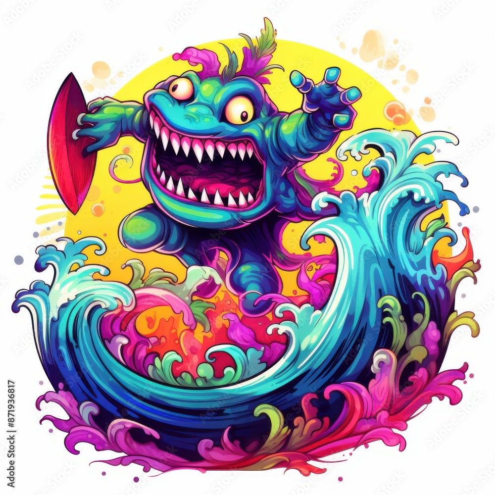 Monster Surfing on Neon Rainbow Wave - Exciting Doodle Art with Colorful Watercolors Monster Surfing on Neon Rainbow Wave - Exciting Doodle Art with Colorful Watercolors