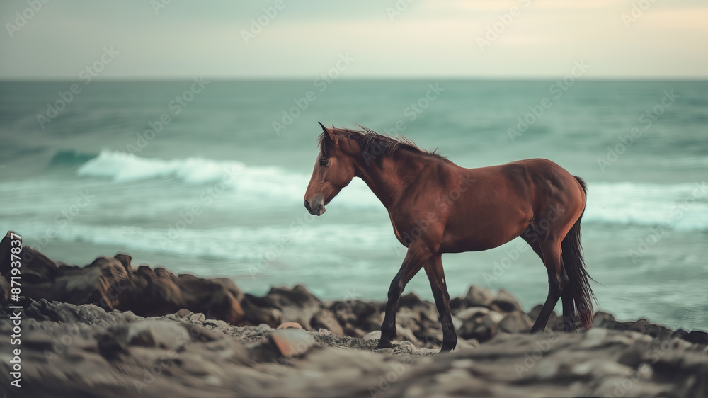 A horse walking along a rocky shoreline with waves crashing in the background on a cloudy day A horse walking along a rocky shoreline with waves crashing in the background on a cloudy day