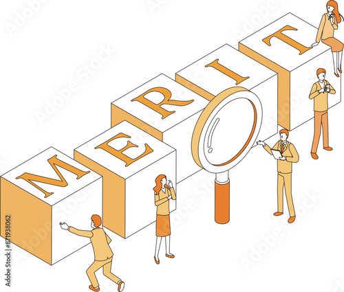 MERITの文字と人々のイラスト
