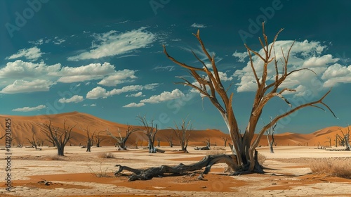 concept of desertification with barren land, vegetation scarcity and soil erosion photo