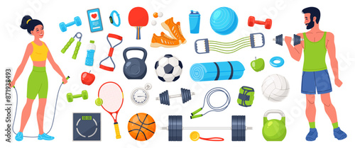 Cartoon sport elements. Guy and girl are athletes with jump rope and dumbbell, gym stuff, exercising and workout equipment, different balls, tennis racket, sneakers and yoga mat, vector set