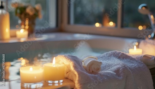 A serene bathroom setup with lit candles, fluffy towels, and ambient lighting, creating a perfect relaxation atmosphere. © nattapon98