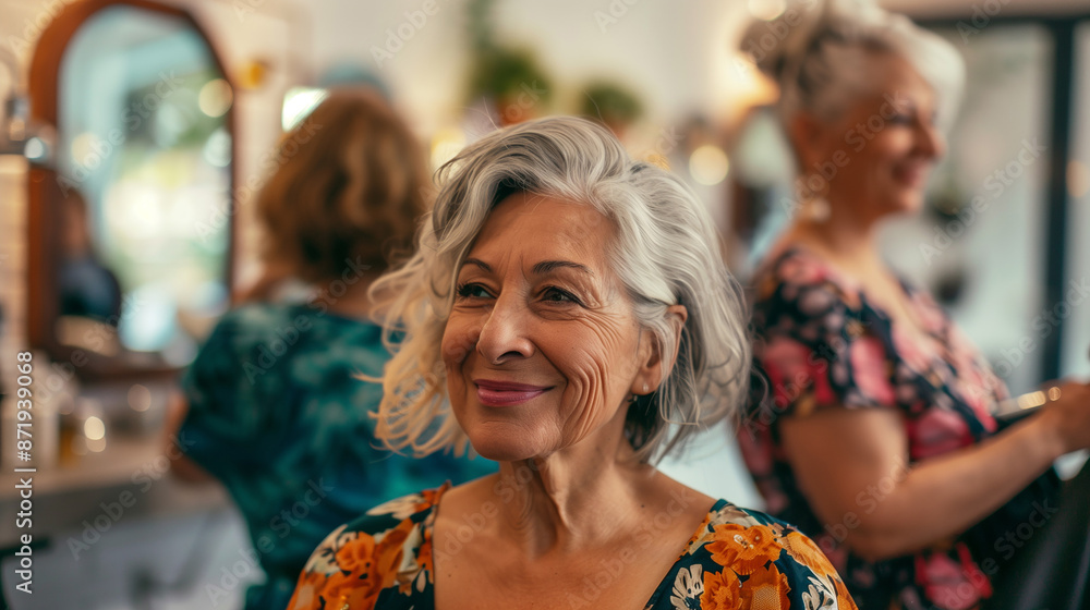 Group of three middle-aged women of various backgrounds, getting their hair styled Group of three middle-aged women of various backgrounds, getting their hair styled