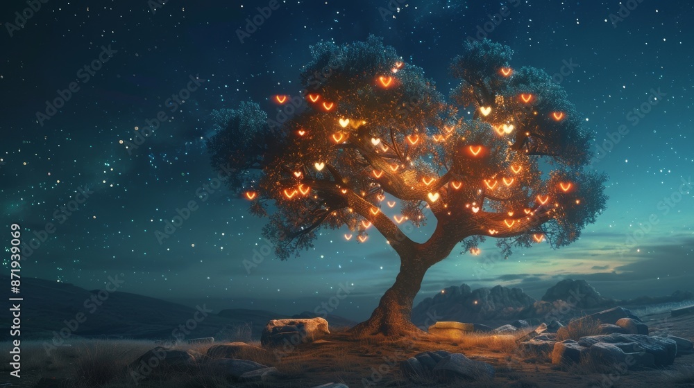 Fantasy tree with illuminated hearts, set in a nighttime desert, magical atmosphere, starry sky overhead, intricate details, enchanting and surreal Fantasy tree with illuminated hearts, set in a nighttime desert, magical atmosphere, starry sky overhead, intricate details, enchanting and surreal
