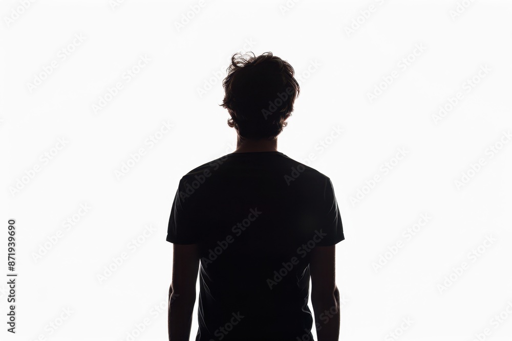 Silhouette of man in black t-shirt on white background, silhouette portrait from the back, minimalism, black and white photography Generative AI Silhouette of man in black t-shirt on white background, silhouette portrait from the back, minimalism, black and white photography Generative AI