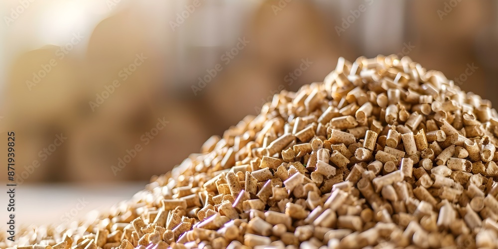 Obraz premium Blurry background with biomass wood pellets pile space for text. Concept Blurry Background, Wood Pellets, Biomass, Space for Text, Eco-Friendly Energy