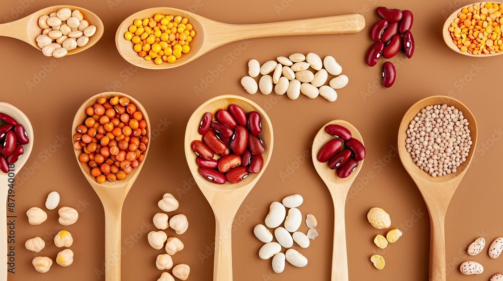 Close-up of assorted beans and lentils in wooden spoons against a brown background Close-up of assorted beans and lentils in wooden spoons against a brown background