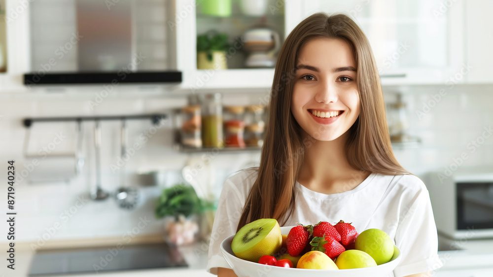 Young European woman in a minimalist kitchen, holding a bowl of assorted fruits and smiling. Bright, white kitchen with modern appliances Young European woman in a minimalist kitchen, holding a bowl of assorted fruits and smiling. Bright, white kitchen with modern appliances