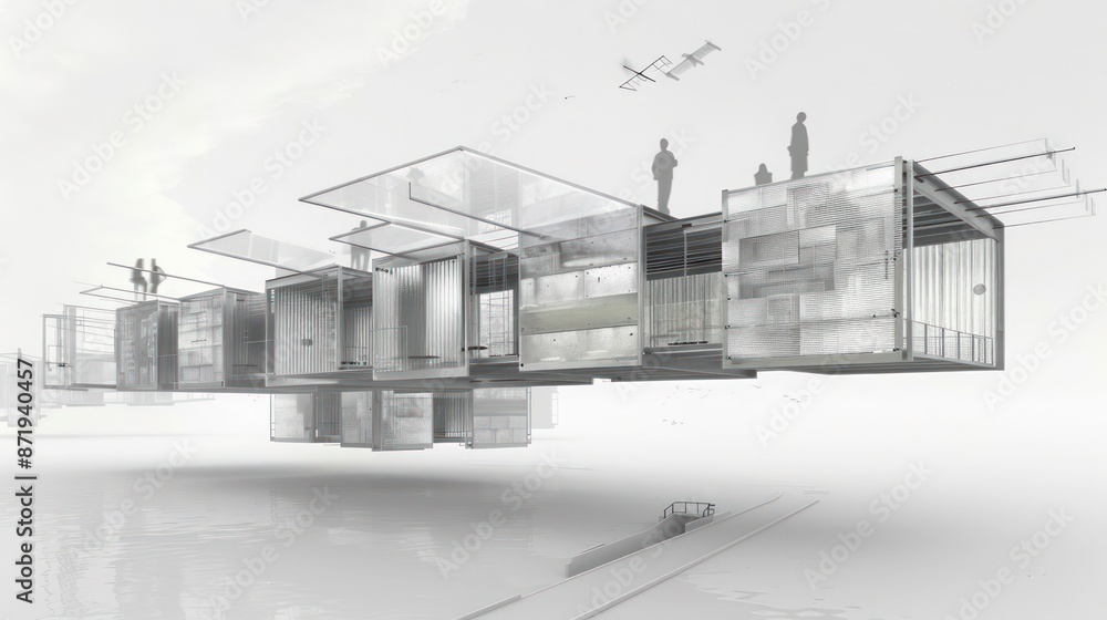 conceptual image of a floating art gallery, its structure made from floating aluminum siding panels that change configuration conceptual image of a floating art gallery, its structure made from floating aluminum siding panels that change configuration