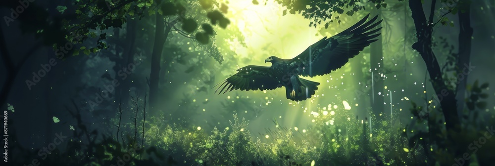 Obraz premium Eagle in flight through a forest, Digital painting, Anime style.