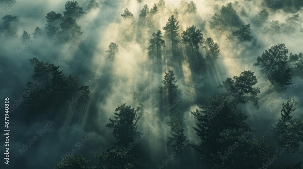 Naklejka premium An ethereal aerial perspective capturing the mystical beauty of a foggy forest, with sunlight breaking through dense clouds to illuminate the treetops below