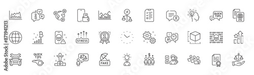 Idea, Ranking stars and Infochart line icons. Pack of Chat bubble, Certificate diploma, Trade chart icon. Passport document, Time, Justice scales pictogram. Quick tips, Video conference. Vector
