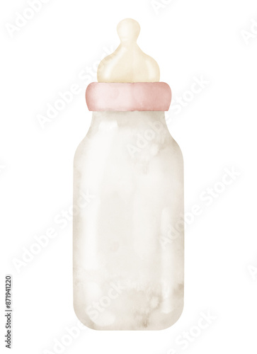 Watercolor Baby Bottle for milk. Hand drawn illustration on isolated background. Object for child food. Drawing for greeting cards or invitations. Plastic element for little Girl. Pastel pink colors.
