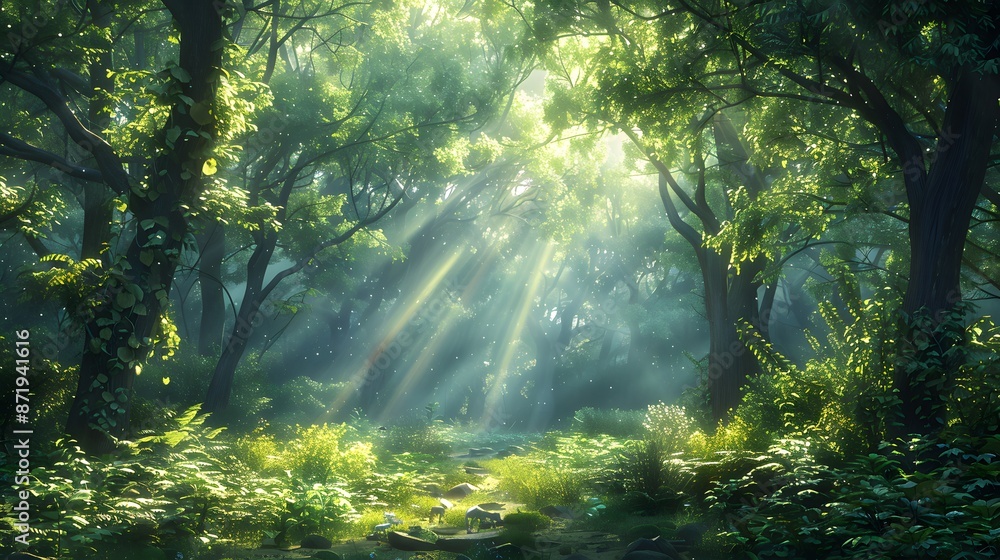 A beautiful forest with rays of sunlight shining through the trees, creating an enchanting and peaceful atmosphere. The green leaves create a vibrant backdrop for various wildlife to meander. A beautiful forest with rays of sunlight shining through the trees, creating an enchanting and peaceful atmosphere. The green leaves create a vibrant backdrop for various wildlife to meander.