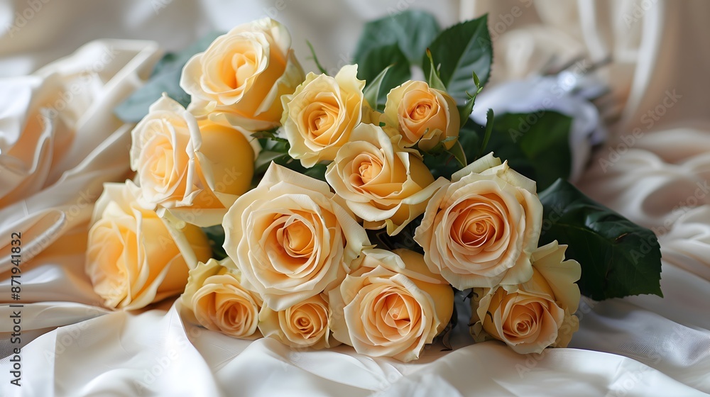 Obraz premium A bouquet of yellow roses, wrapped in white ribbon and placed on the table with satin cloth. The flowers have round petals that give off their fragrance.
