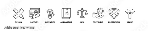 Intellectual property banner web icon set vector illustration concept for trademark with icon of design, patents, invention, authorship, law, copyright, protection, and brand