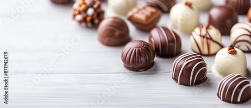 Assortment of gourmet chocolate truffles on a wooden background, perfect for a sweet dessert or confectionery treat.