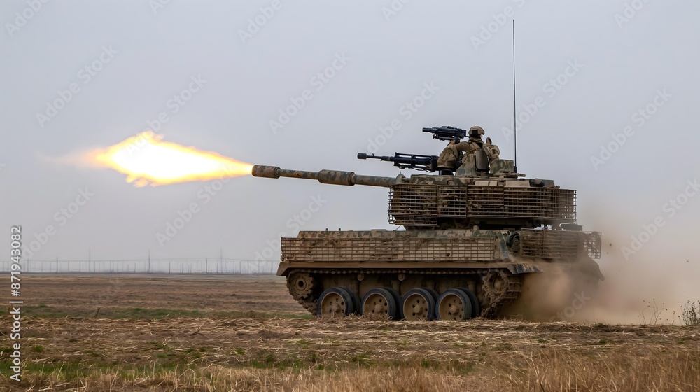 Obraz premium Armored vehicle firing in combat zone