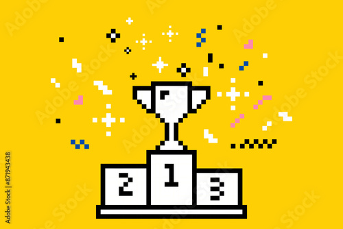 Podium for winners with a gold cup in pixel art style. Pixels pedestal. Sport podium. Fireworks. Confetti. Mood of 90's aesthetics. 8-bit retro style vector illustration. Trendy geometric brutalism