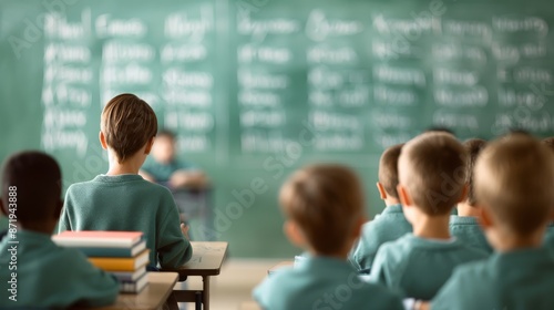 Children sitting in a classroom, facing a chalkboard with written notes. Focus on the back of a child with a stack of books on their desk.